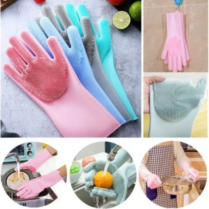 TC Reusable Silicone Magic Washing Gloves with Scrubber | Heat Resistant Pair for Kitchen, Dishes, Bathroom, Car Wash, Pet Care and More