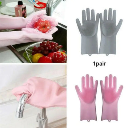 TC Reusable Silicone Magic Washing Gloves with Scrubber | Heat Resistant Pair for Kitchen, Dishes, Bathroom, Car Wash, Pet Care and More