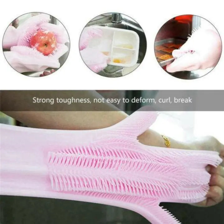 TC Reusable Silicone Magic Washing Gloves with Scrubber | Heat Resistant Pair for Kitchen, Dishes, Bathroom, Car Wash, Pet Care and More