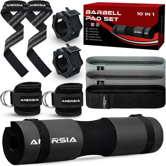 10-Piece Barbell Pad Set – Squat Pad Cushion for Hip Thrusts, Weightlifting Straps, Resistance Bands & Barbell Clips – Gym Kit for Strength Training, Comfort & Home Workouts