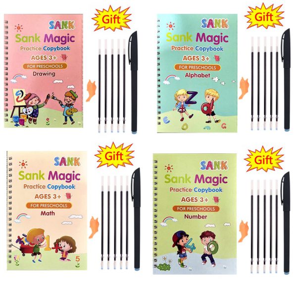 Magic Practice Copybook 4Books+Magic Pen &10 INK Refill Book for Montessori Children