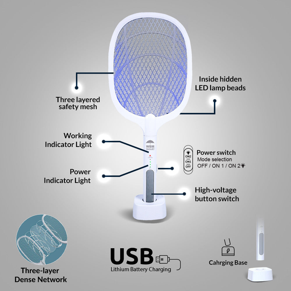 WBM Mosquito Killer Racket, 2 in 1 Rechargeable Mosquito Lamp With LED Light & Charging Stand