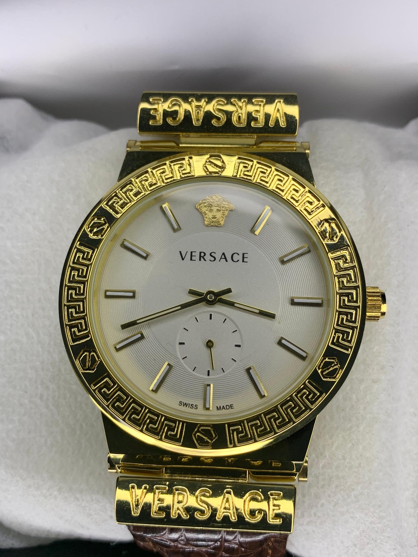 VERSACE WHITE DIAL & GOLD BROWN LEATHER WATCH