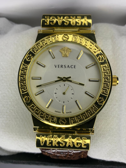 VERSACE WHITE DIAL & GOLD BROWN LEATHER WATCH