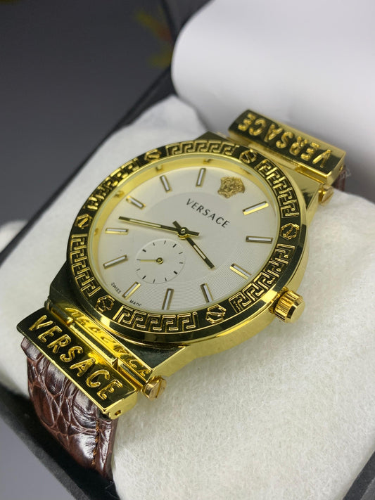 VERSACE WHITE DIAL & GOLD BROWN LEATHER WATCH