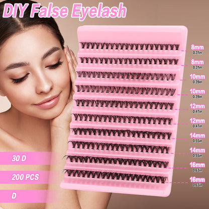DIY Cluster False Eyelashes 30D – 200PCS Natural Volume Lash Extensions (8–16mm Mix)