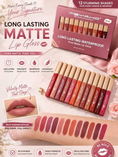 MSYAHO Long‑Lasting Pure Matte Lip Gloss – Pack of 12 Shades