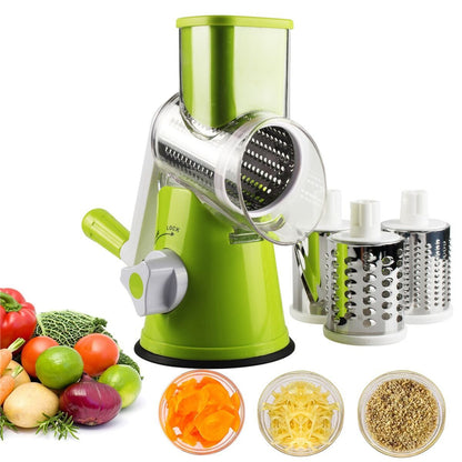 Manual Rotary Vegetable Slicer Cutter Cheese Grater Chopper with 3 Sharp Stainless Steel Drums