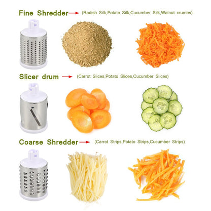 Manual Rotary Vegetable Slicer Cutter Cheese Grater Chopper with 3 Sharp Stainless Steel Drums