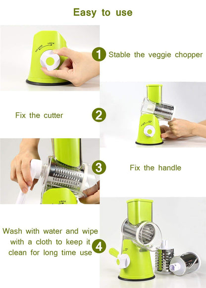 Manual Rotary Vegetable Slicer Cutter Cheese Grater Chopper with 3 Sharp Stainless Steel Drums