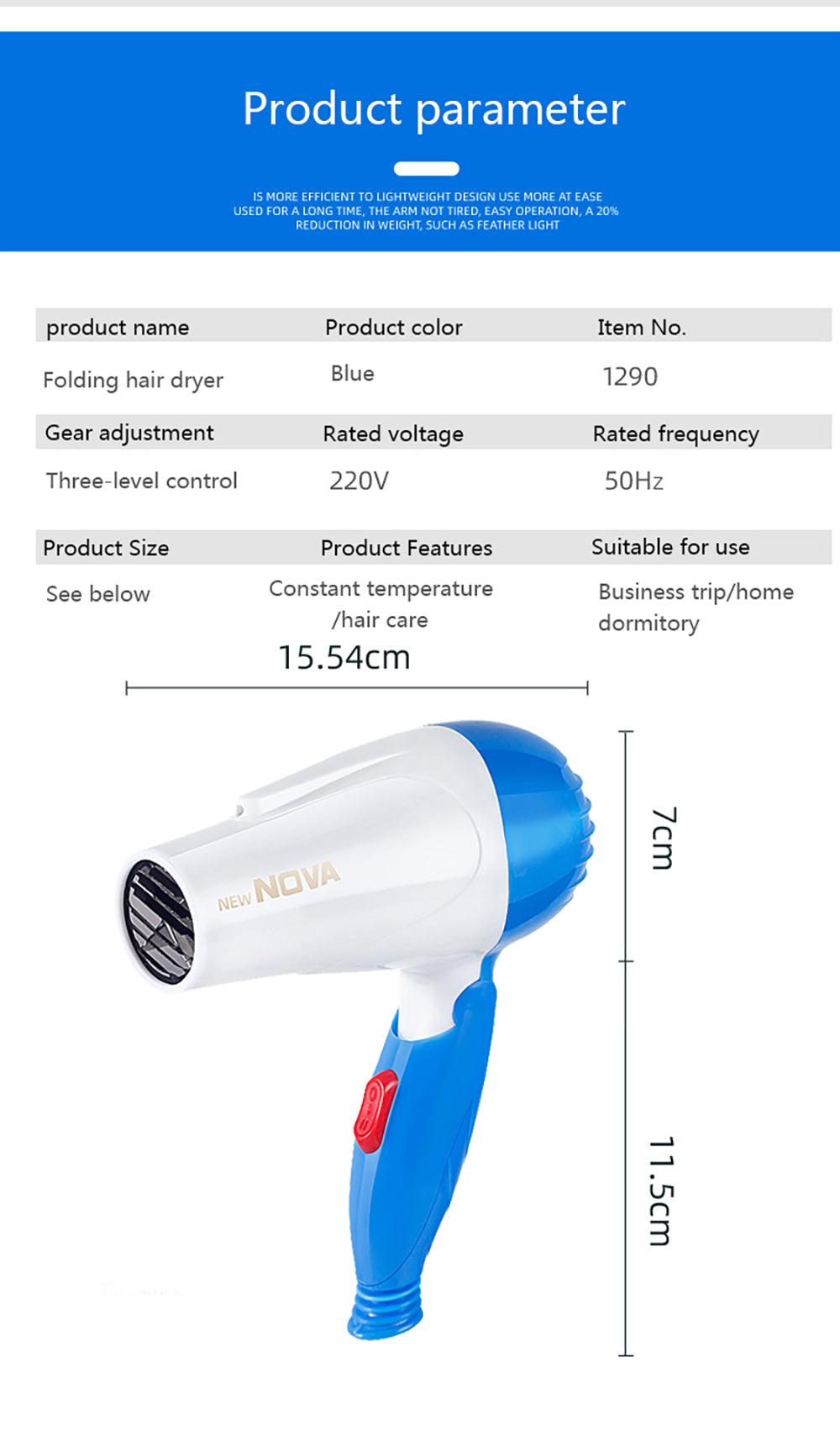 Nova Mini Hair Dryer Salon Dryer 2 Gear 220V Strong Wind Hot For Hair Dryer Professional Hairdressing Comb MIni Portable Power Hair Styler - ENLIVE